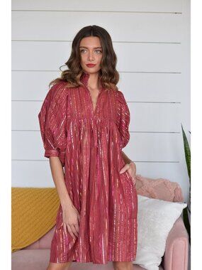 Never A Wallflower Pink Metallic Striped Puff Sleeve Dress M (NN525)